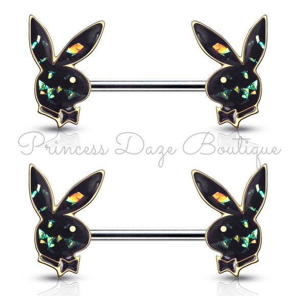 Playboy‎ Gold/ Dark Green Opal Barbell Nipple Ring - Picture 1 of 2
